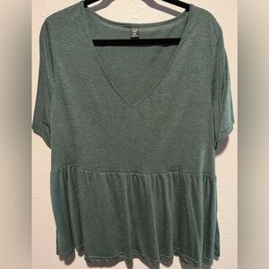 Dark Green V-Neck Short Sleeve Top
